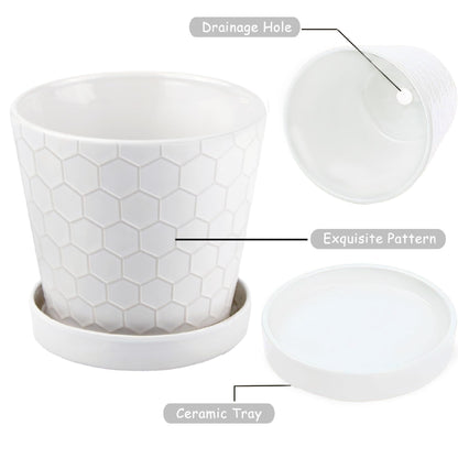 Ceramic Plant Pots,4+5+6 Inch Pots for Indoor Plants,Planters with Drainage Holes and Ceramic Tray, Indoor Flower Pots Gardening Home Desktop Office Windowsill Decoration Gift,Set of 3 (White)