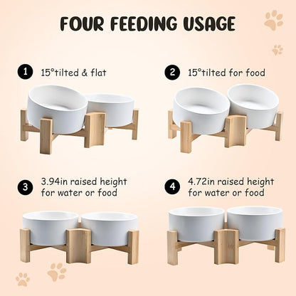 SPUNKYJUNKY 15° Slanted Ceramic Dog and Cat Bowl with Wooden Stand, Tilted Bulldog Food and Water Bowl No Slip Non-Spill for Cats Medium Dogs Big Face Pets 28.7 OZ (3.6 Cups, White × 2)