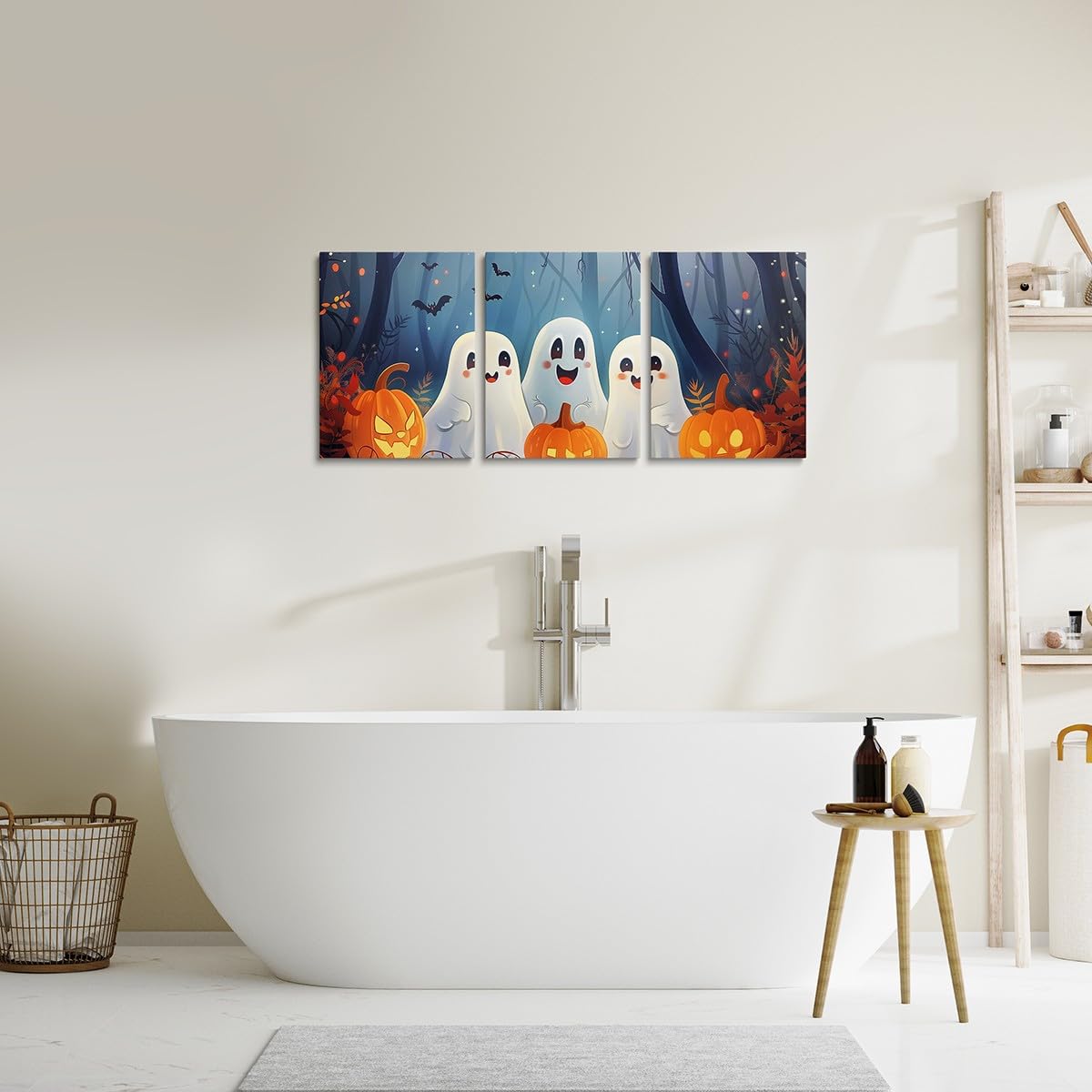 Cute Ghosts Cactus Canvas Wall Art Set Of 3 Pieces, Cartoon Pumpkin Lantern Wall Decor Home Artwork for Living Room Bedroom Decorative, Halloween Paintings Wall Hanging, Kids Boy Girl Room Decor