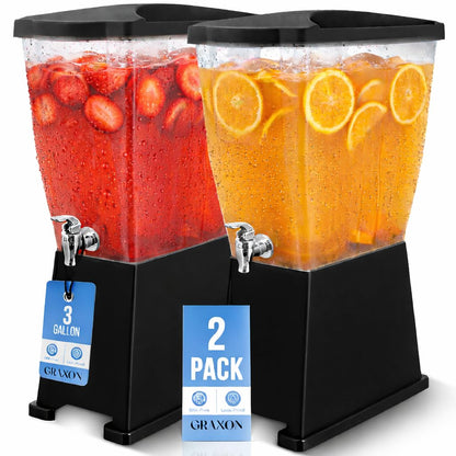 Large Drink Dispensers for Parties (3 Gallon) Slim Plastic Beverage Dispenser with Base for Counter Tops, No Mess, Easy to Assemble & Wash (2 Pack)
