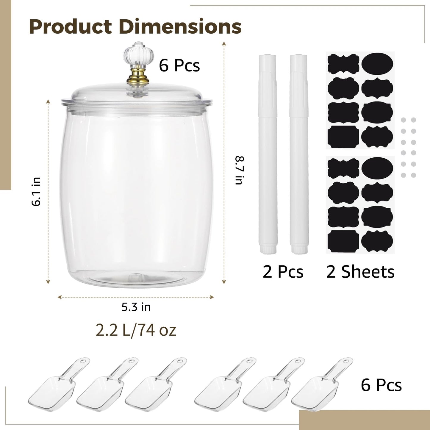 DORMIYA 6 Pcs Candy and Cookie Jars, 74 oz Transparent Plastic Jars with Lids, Decorative Storage Containers with Scoops, Labels, and Markers, Airtight Food Canisters for Candy Buffets, Kitchens
