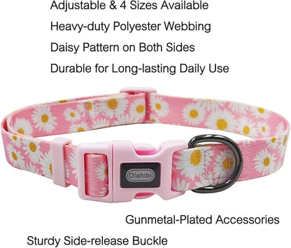 Dog Collar Leash Set, Floral Pattern, Polyester Material, Adjustable Collar and 5ft Matchcing Leash, for Large Dogs.(L, Light Pink Daisy)