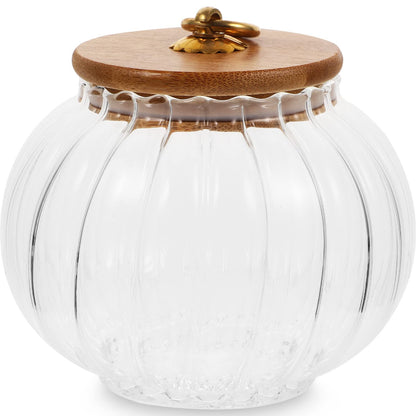 STOBAZA Xmas Glass Candy Jar with Lid 28Oz Pumpkin Shaped Food Storage Canister with Wood Lid, Glass Pumpkin Jar, Decorative Kitchen Storage for Christmas, Halloween