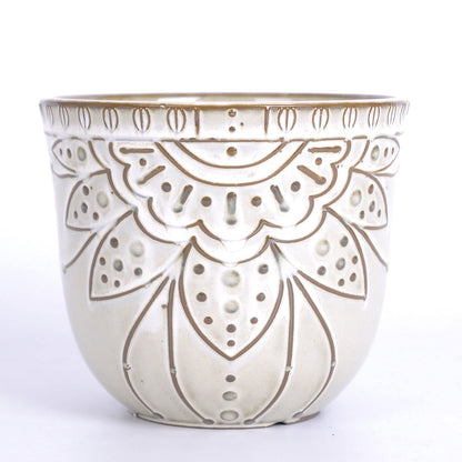 VanEnjoy 5.9 inch Round Bohemian Style Ceramic Planter, Geometry Engrave Off White Brown Planter Flower Pot, Indoor Outdoor Decorative Planter