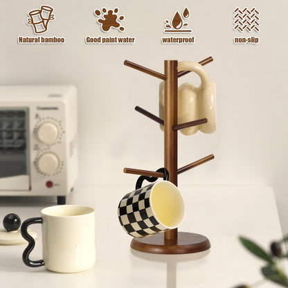 WERJOURU Mug Holder Tree,Coffee Cup Tree for Counter with 6 Hooks, Mug Holder for Counter Top，Coffee Bar Accessories and Decor，Jewelry Pendant(Brown)