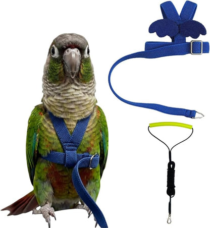 Adjustable Bird Harness with Elastic Leash, Pet Parrot Harness and Leash, Adjustable Training Design Anti-Bite, Bird Nylon Rope with Cute Wing for Conure (Deep Blue,M)