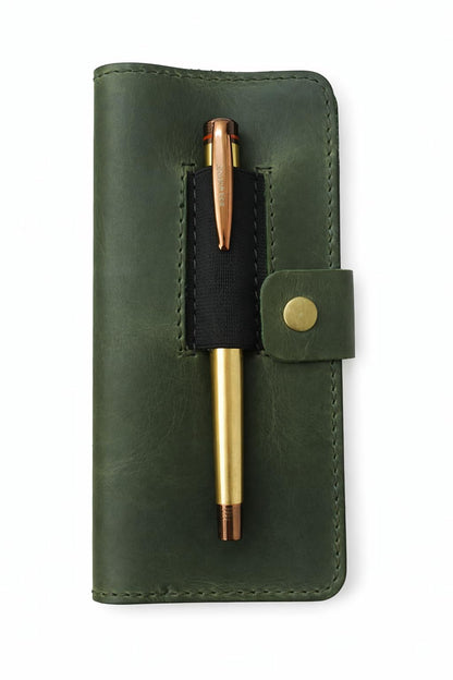 CestAntiQ, Distressed Leather Checkbook Cover with Pen Holder Full Grain Green Leather Check Book Cover for Personal or Duplicate Checks Executive Checkbook Wallet for Men Women Slim Gift Organizer