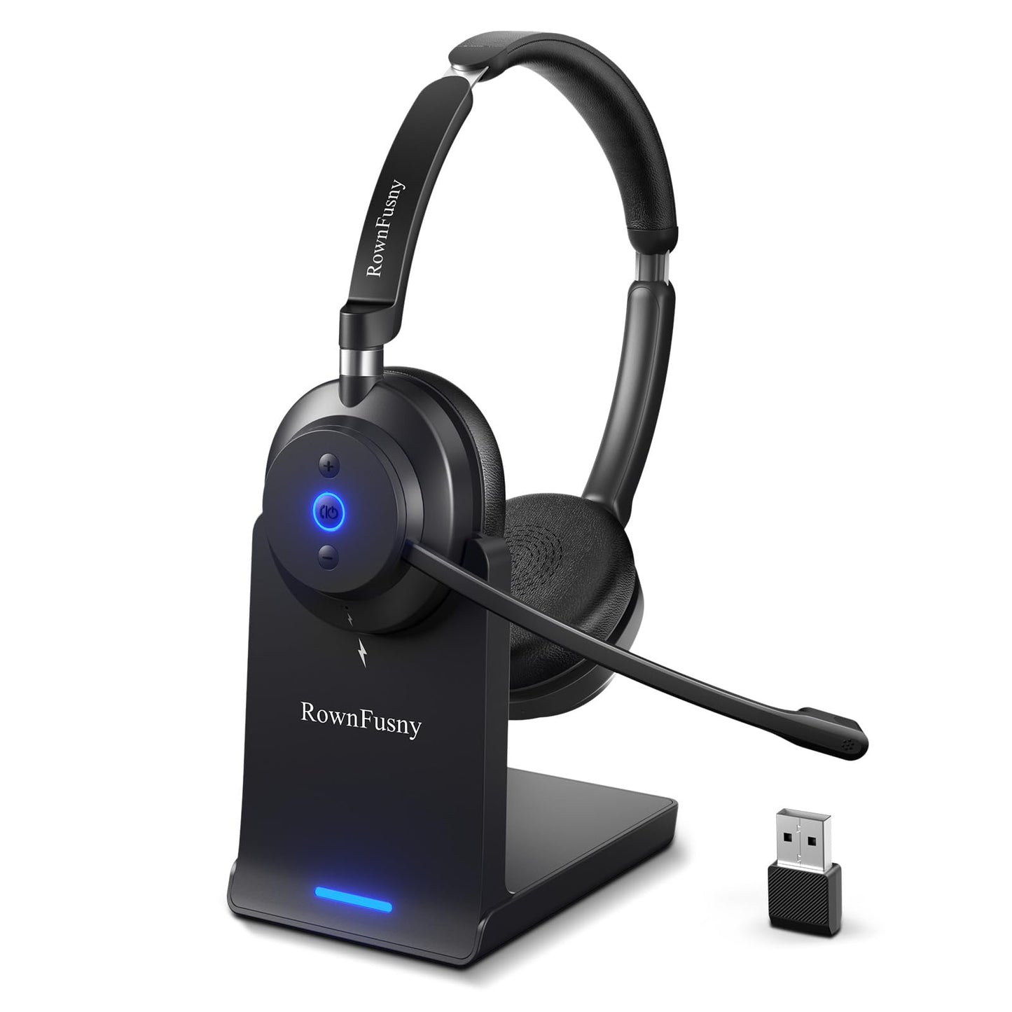 Wireless Headset with Mic for Work, Clear Sound ＆ Comfortable ＆ Stable Connection, Bluetooth Headphones with Microphone, Wireless Headset with Charging Base & USB Dongle for Office/Home/Call Center