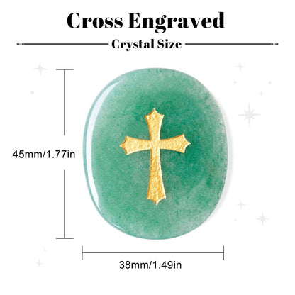 LAIDANLA Green Aventurine Cross Engraved Healing Crystal Worry Stones for Pray Faith Anxiety Relief Oval Palm Stone Polished Natural Crystal Gifts