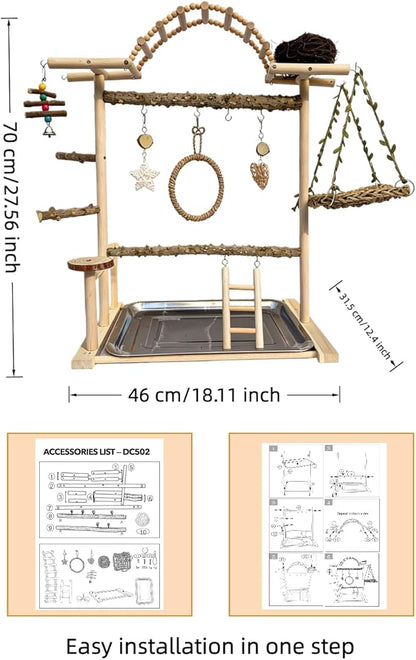 Multi-Level Bird Play Stand with Rope & Bell Toys | Natural Wooden Parrot Play Stand with Ladder & Swing | Ideal for Small to Medium Birds | Great for Cockatiels & Parakeets