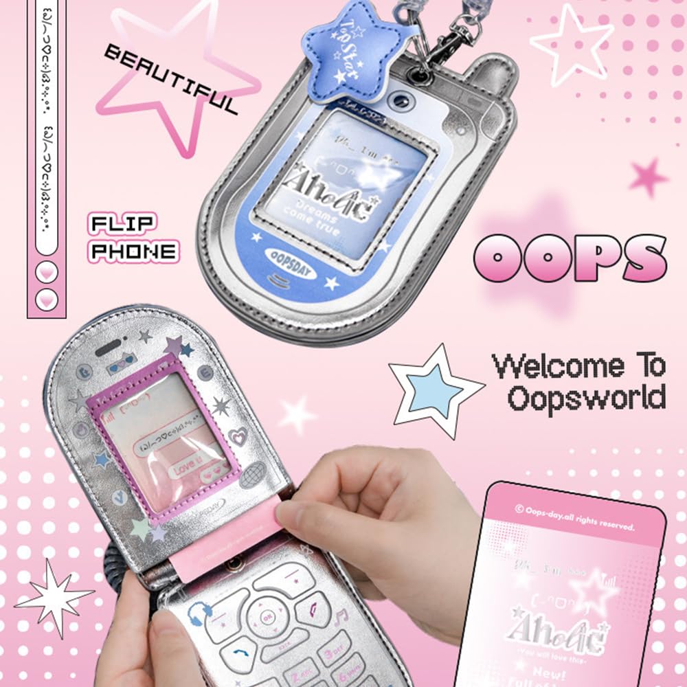2Pcs Star Cute Kpop Photocard Holder Keychain Mobile Phone Shape Pu Leather Photo Card Holder Keychain Pink Blue Kawaii Flip Phone Shape Pc Holder Kpop Korean Star Pendant School Stationery Gifts