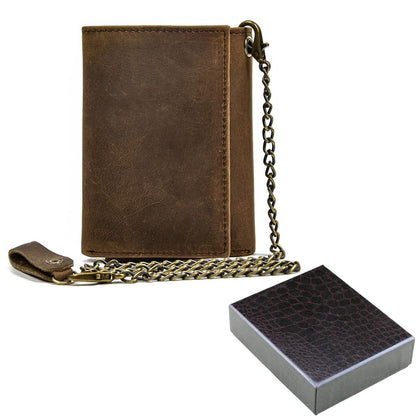 PINKPIN Mens Wallets with Chains, Genuine Leather Trifold Wallet RFID Blocking Anti-Theft Chain for Biker, Motorcycle (Brown)