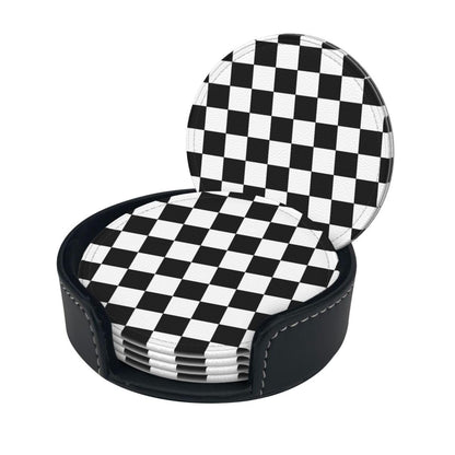 Black Checkered Leather Coasters Set of 6 with Holders for Drinks Cups, White Plaid 3.9" Round Coasters 6 Pcs for Coffee Bar Table Decor