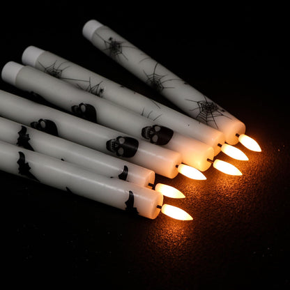 Eldnacele Halloween Flameless Taper Candles Battery Operated with Remote Timer, Set of 6 White Real Wax 3D Wick Flickering LED Taper Candles Spooky Halloween Indoor Decor(0.75" D x 9.65" H)