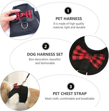 GLEAVI Small Pet Harness Vest Breathable Mesh Dog Harness Set Black S Chest 20-23Cm for Rabbits Guinea Pigs Squirrels Walking