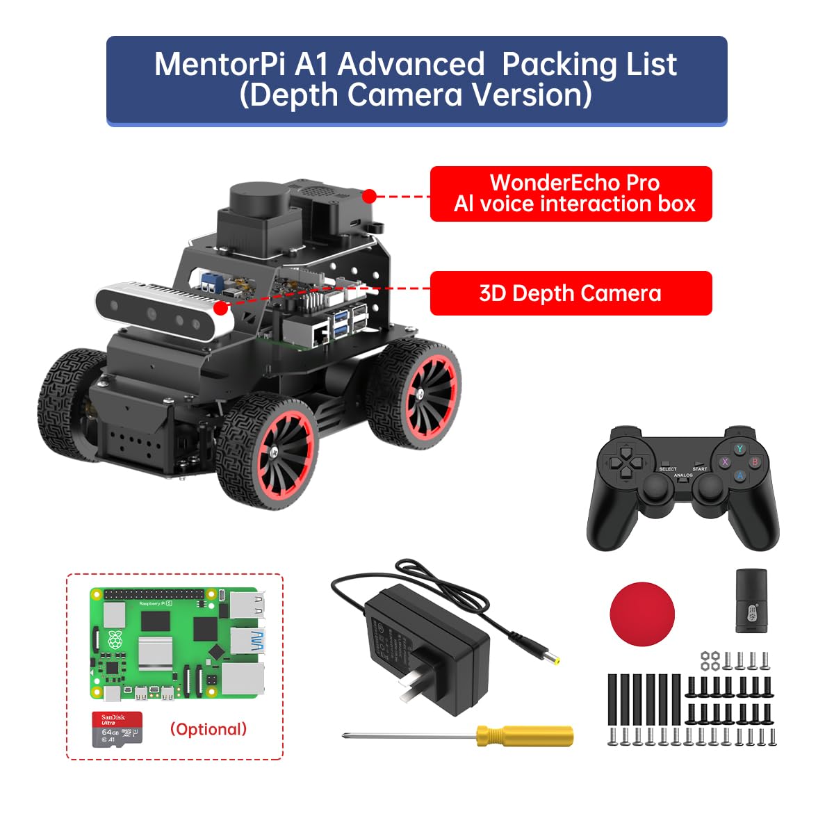 LewanSoul Robot Car Kit with ChatGPT Large AI Model, 3D Depth Camera & Lidar, ROS2 Humble SLAM Mapping Navigation, Python Robotics for Adults, MentorPi A1 Advanced Kit with Raspberry Pi 5 8GB