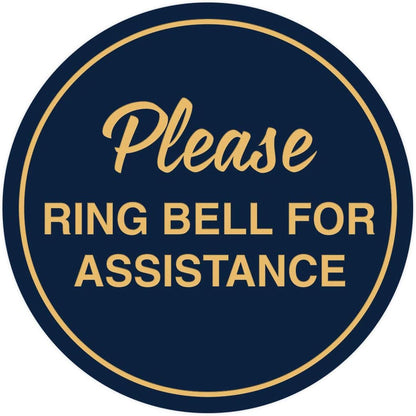 Signs ByLITA Circle Please Ring Bell For Assistance Wall or Door Sign | Easy Installation | Front Desk Reception Sign (Navy Blue/Gold) - Large (2 Pack)