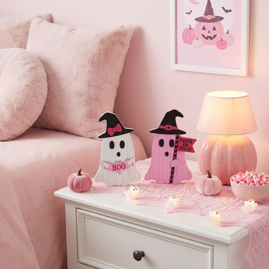 Valery Madelyn Pink Halloween Decorations, Set of 2 Cute Halloween Ghost Decor, Witch Hat Boo & Trick or Treat Wooden Tabletop Signs for Home, Shelf, Tiered Tray Party Display, 5 Inch