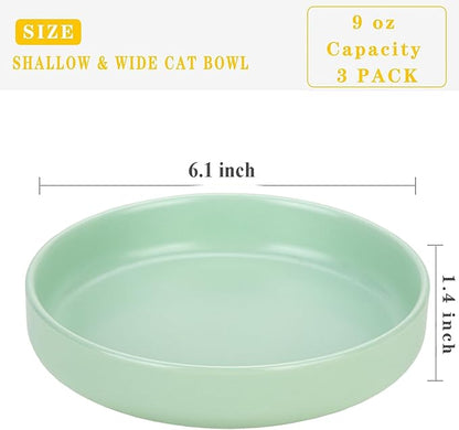 Ceramic Cat Bowls,Shallow Cat Dishes for Food and Water, 6 inch Matte Finish Wide Cat Food Bowl,Whisker Fatigue Free Pet Puppy Kitten Bowl Set of 3,Dishwasher Safe