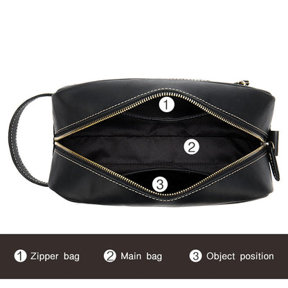 Full Grain Genuine Leather Zipped Travel Toiletry Bag for Women Men Ladies Clutch Purse Wallet Shaving Bag Cosmetic Bag Dopp Kit Wristlet Organizer Holder Wrist Bag Pack Business Handbag Black