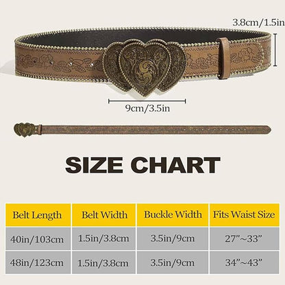 Bounzhi Brown Western Belt for Women Cowgirls Cowboys Leather Belt for Jeans Pant Country Belt with Vintage Buckle (Heart Brown, 34''-43'')