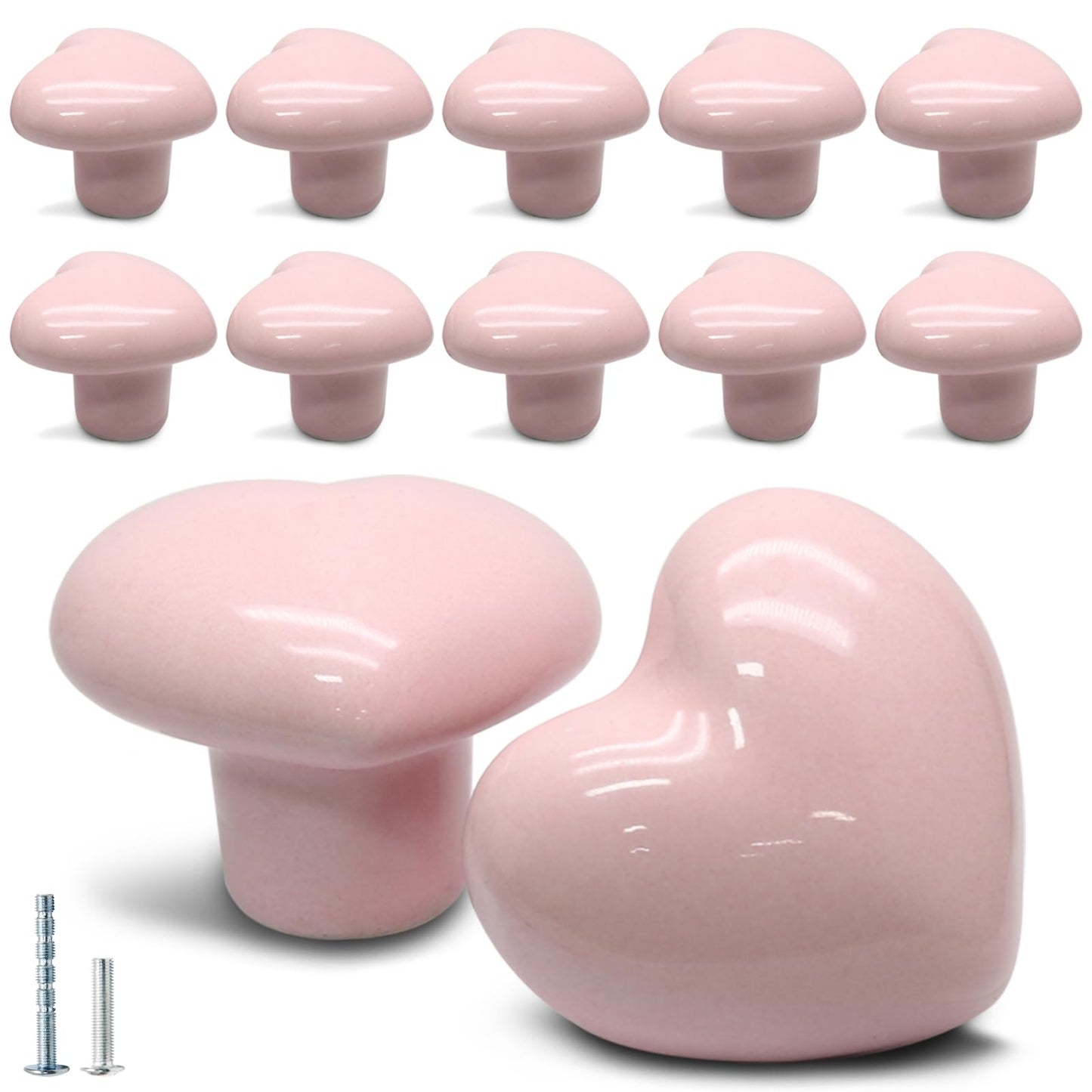 Cionyce 12 Pcs Ceramic Cabinet Knobs, Heart Shaped Adorable Drawer Pulls for Girls Bedroom, Kids Furniture, Kitchen Closet Cupboard Wardrobe Dresser Decorative Hardware (Powder Pink)