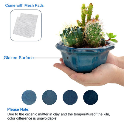 Bonsai Planter Succulent 5" Small Glazed Pots, Value Set of 2 + 4 Soft Mesh Drainage Screens