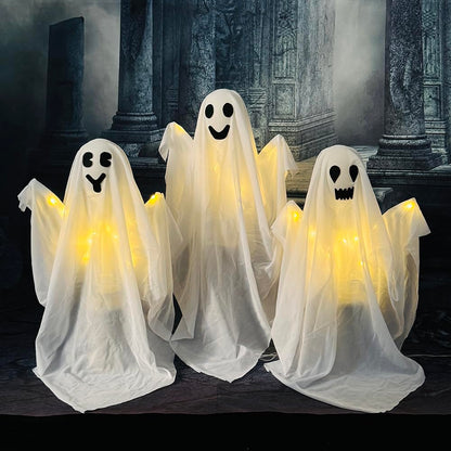 3 Pack Halloween Ghosts Decorations Outdoor,White Cloth Ghosts Stakes with Incandescent Light, Holiday Party Home Haunted House Yard Art, Front Yard Patio Lawn Garden Decor