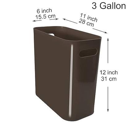 Youngever 2 Pack 3 Gallon Slim Trash Can, Plastic Garbage Container Bin, Trash Bin with Handles for Home Office, Living Room, Study Room, Kitchen, Bathroom (Brown)