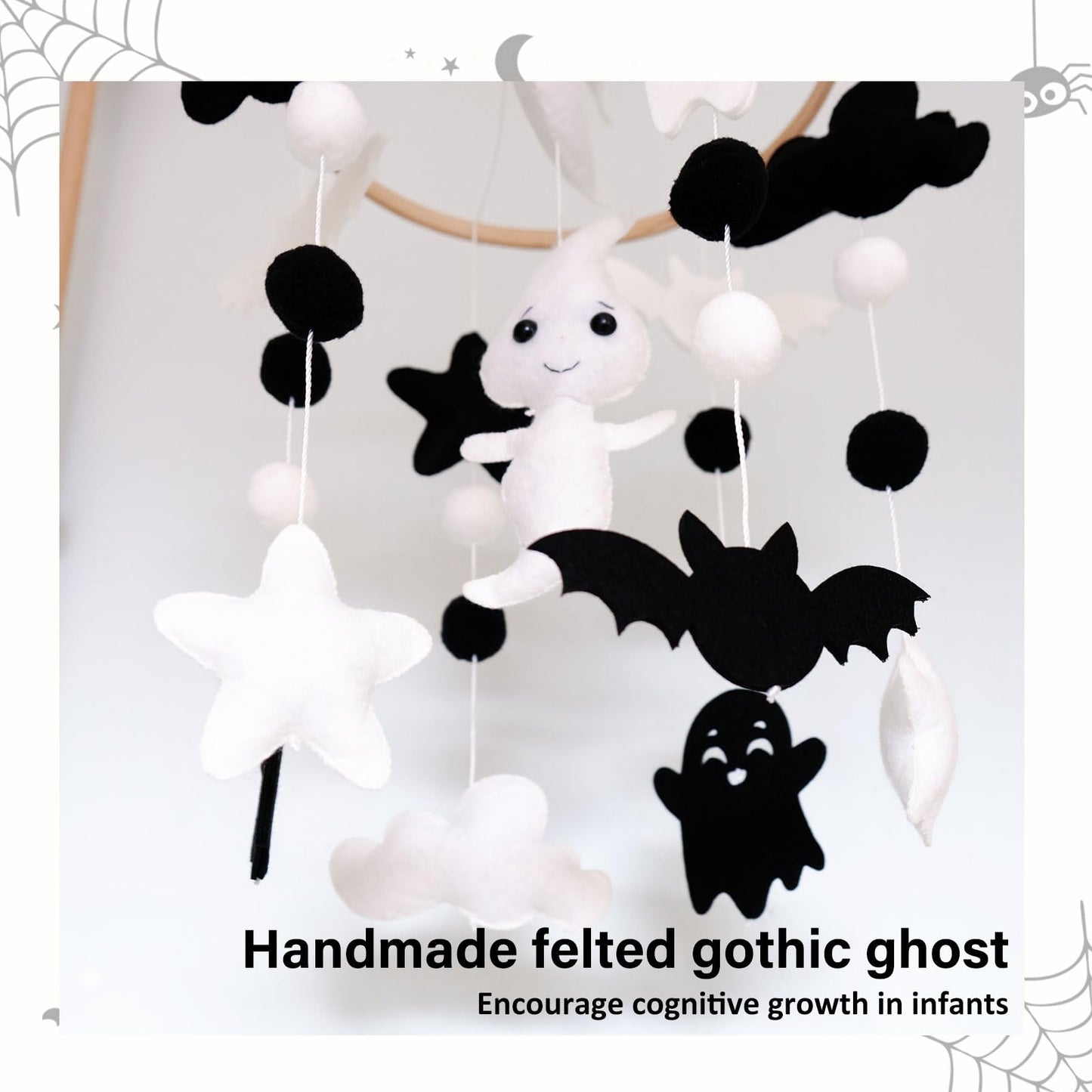 Ghost Baby Mobile, Halloween Mobile for Crib, Goth Crib Mobile for Boys and Girls, Gothic Nursery Mobile for Bassinet, Pack and Play, Ghost, Bat, Moon