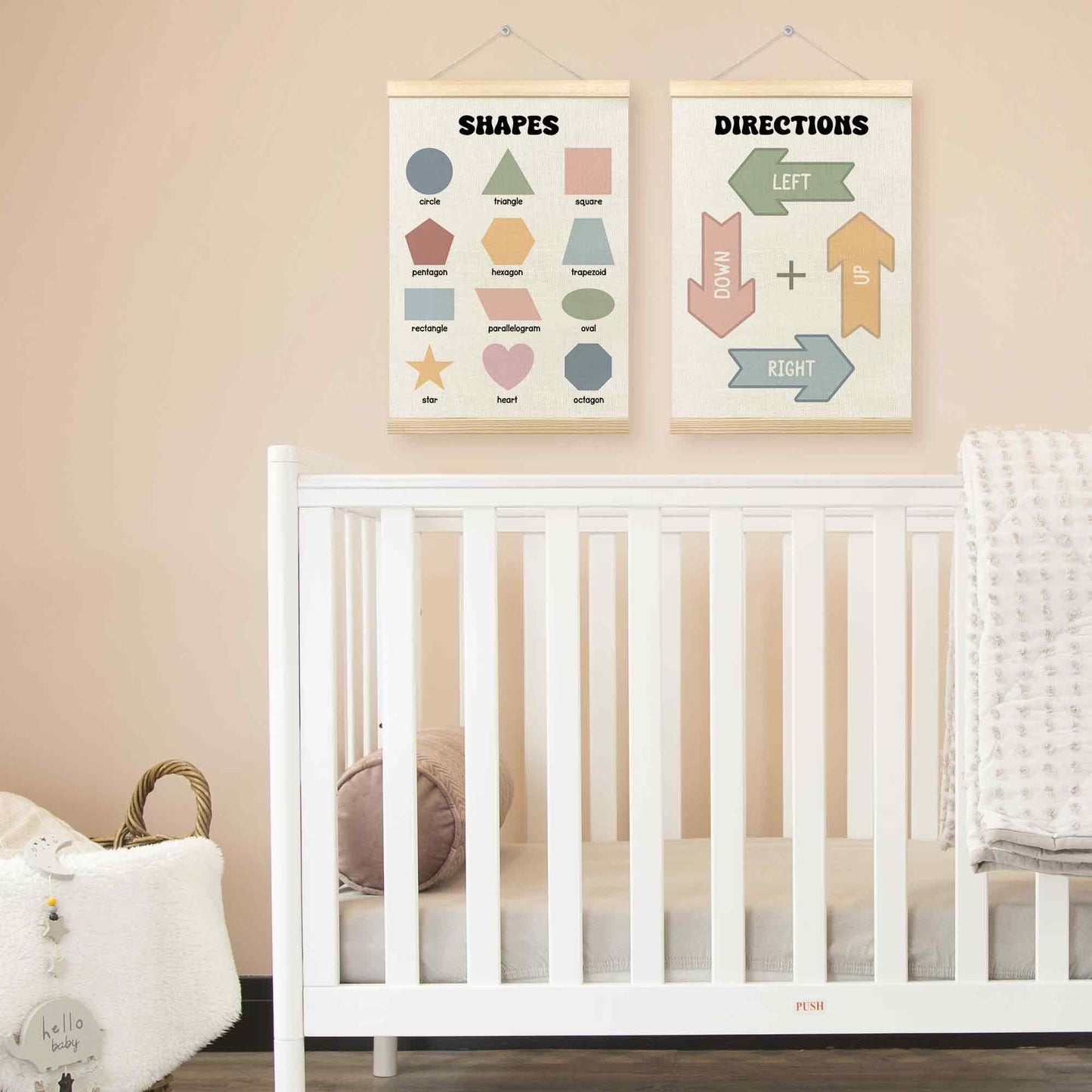 TLESKE Shapes Directions Chart Poster Hanger Frame for Toddler Kid Classroom Set of 2, Homeschool Hanging Wall Art Decor for Nursery Playroom, Preschool Prek Learning Educational Poster, 12x16