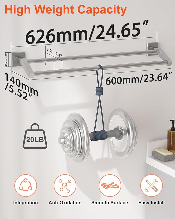 Alise Bath Double Towel Bars Towel Racks for Bathroom,24 Inch Wall Mount Towel Holder Heavy Duty SUS304 Stainless Steel Towel Hanger Towel Rail,Brushed Nickel