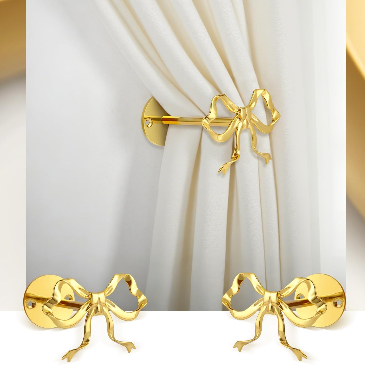 2 Pcs Gold Bow Curtain Tiebacks, Bow Curtain Holdbacks Wall Mounted, Suitable for Curtains and Bow Room Decoration