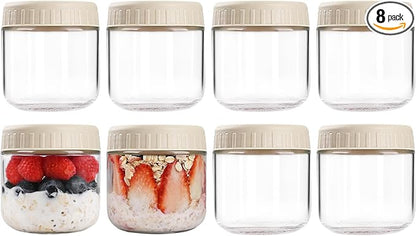 SHOWIN Overnight Oats Containers with Lids, 10oz Glass Jars with Lids 8 pcs, Apricot, Wide Mouth Mason jars for Salad, Yogurt, Snacks, Meal Prep