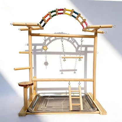Bird Play Stand with Beads & Swing for Parrots | Multi-Level Natural Wood Stand | Perfect for Parakeets, Cockatiels & Small Parrots | Engaging Bird Perch & Toys