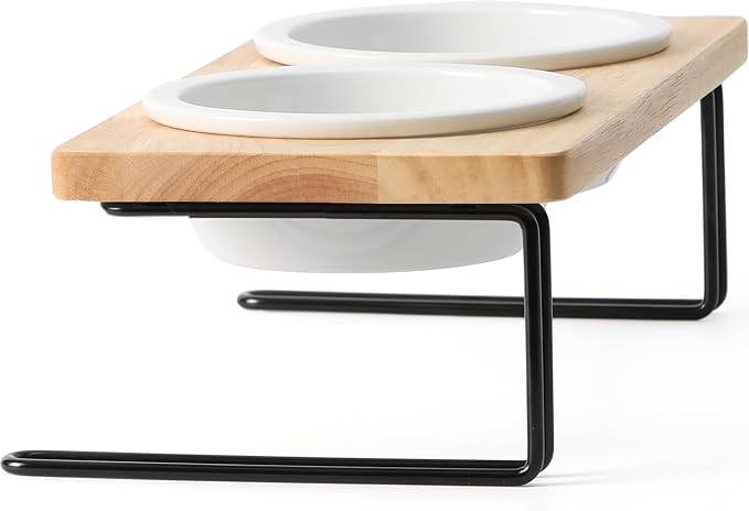 FUKUMARU Elevated Cat Ceramic Bowls, Small Dog Raised Food Feeding Dishes, Solid Wood Water Stand Feeder Set for Cats and Puppy