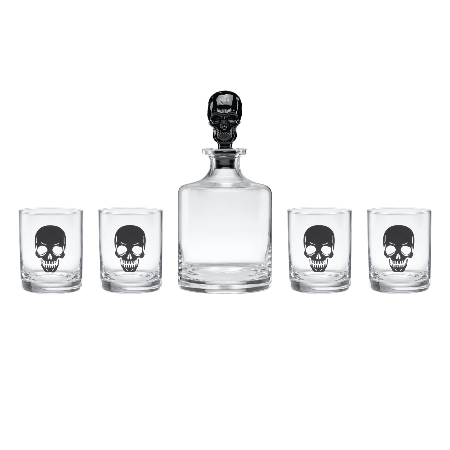 Oneida Barware, 5-Piece Skeleton Whiskey Set, 4 Drinking Glasses & 1 Decanter, Dishwasher Safe, Halloween Decor Indoor, Halloween Table Decorations for Party, Skeleton Themed (4 Glasses, 1 Decanter)