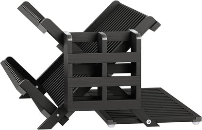 Greenual Black Bamboo Dish Drying Rack with Utensil Holder, 3 Tier Collapsible Dish Rack, Wooden Dish Racks for Kitchen Counter, Large Folding Drying Holder with Absorbent Dish Drying Mat