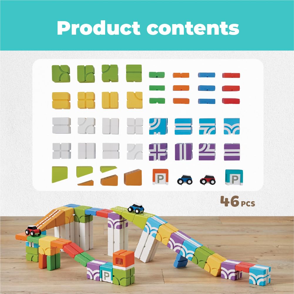 QBI Magnetic Building Blocks Car Track Set, STEM Building Toys for Kids Ages 4-8, Magnetic Cubes with 2 Push-and-Go Cars, Ramps & Track Plates, Montessori Birthday Gift (46PCS)