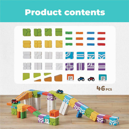 QBI Magnetic Building Blocks Car Track Set, STEM Building Toys for Kids Ages 4-8, Magnetic Cubes with 2 Push-and-Go Cars, Ramps & Track Plates, Montessori Birthday Gift (46PCS)