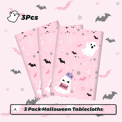 MEHOFOND 3 Pack Pink Halloween Plastic Tablecloths, Little Boo Baby Shower Decorations, Halloween Spooky Spider Web Happy Booday Disposable Table Cover Party Supplies for Birthday Baby Shower