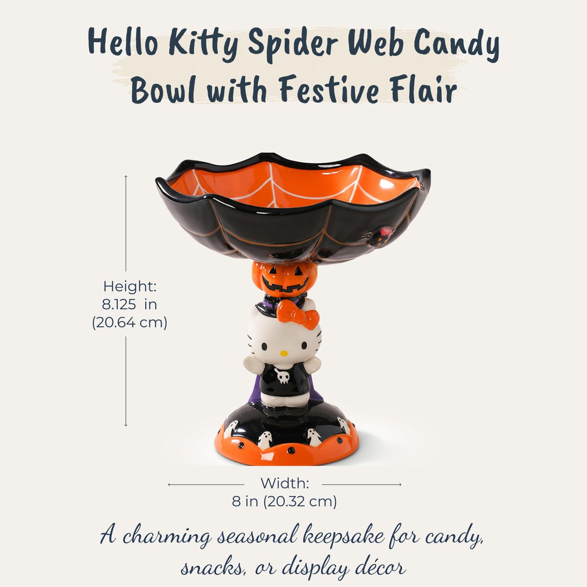 Blue Sky Clayworks HELLO KITTY Spider Web Pedestal Candy Bowl, Ceramic 8" L x 8" W x 9" H, Halloween Party Centerpiece