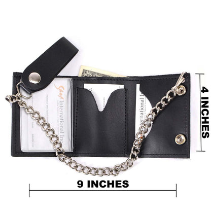 Milwaukee Leather MLW7831 Men's 4" Classic Black Plain Genuine Leather Tri-Fold Biker Wallet w/Anti-Theft Stainless Steel Chain - One Size