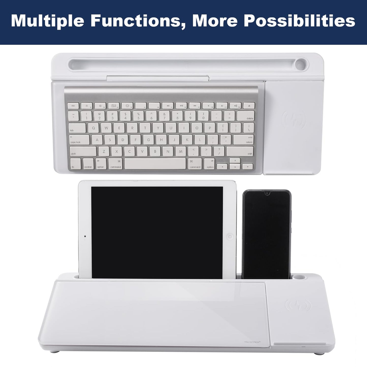 Small Glass Desktop Whiteboard Dry-Erase-Board - Computer Keyboard Stand with Wireless Charger White Board Surface Pad with Drawer, Desk Organizers with Accessories for Office, Home, School Supplies