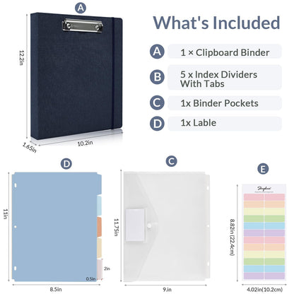 SKYDUE Clipboard Binder with Dividers,1 Inch 3 Ring Binder with Clipboard on Front, Clipboard Folder with Pocket, Labels Office Supplies Blue