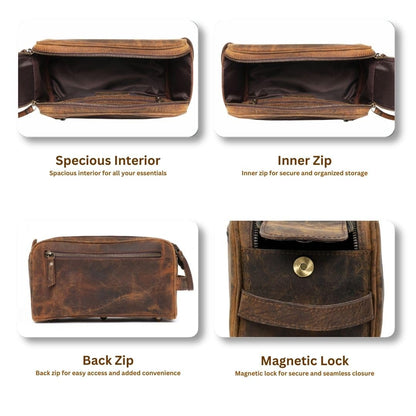 Autentico Leather Toiletry Bag for Men – Genuine Leather Dopp Kit, Travel Organizer for Grooming Essentials, Large Shaving Kit Pouch, Durable Distressed Brown Gift for Men