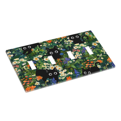 Cute Black/Green Cats Decorative 4-Gang Quad Toggle Light Switch Wall Plate Cover, Nursery Playroom Summer Floral Flower Jungle Quadruple Toggle Device Switches Wall Plate Outlet Covers Standard Size