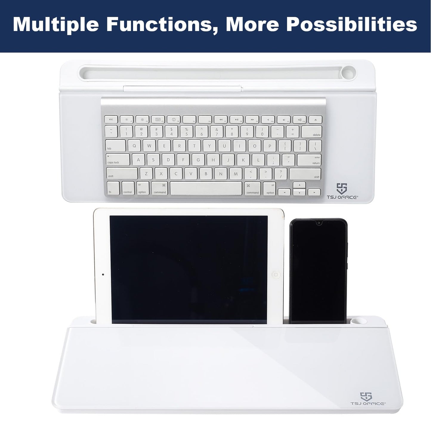TSJ OFFICE Small Desktop Whiteboard -Glass Dry Erase Board Computer Keyboard Stand White Board Surface Pad with Drawer, Desk Organizers with Accessories for Office, Home, School Supplies - White