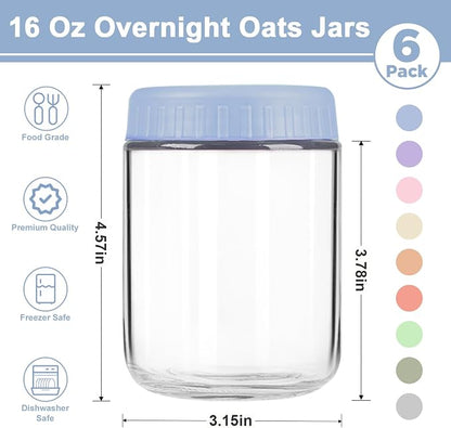 Overnight Oats Containers with Lids, 16oz Wide Mouth Mason Jars with Lids, 6 Pack Glass Jars with Airtight lid for Chia Pudding Yogurt Salad, Meal Prer Oatmeal Jars
