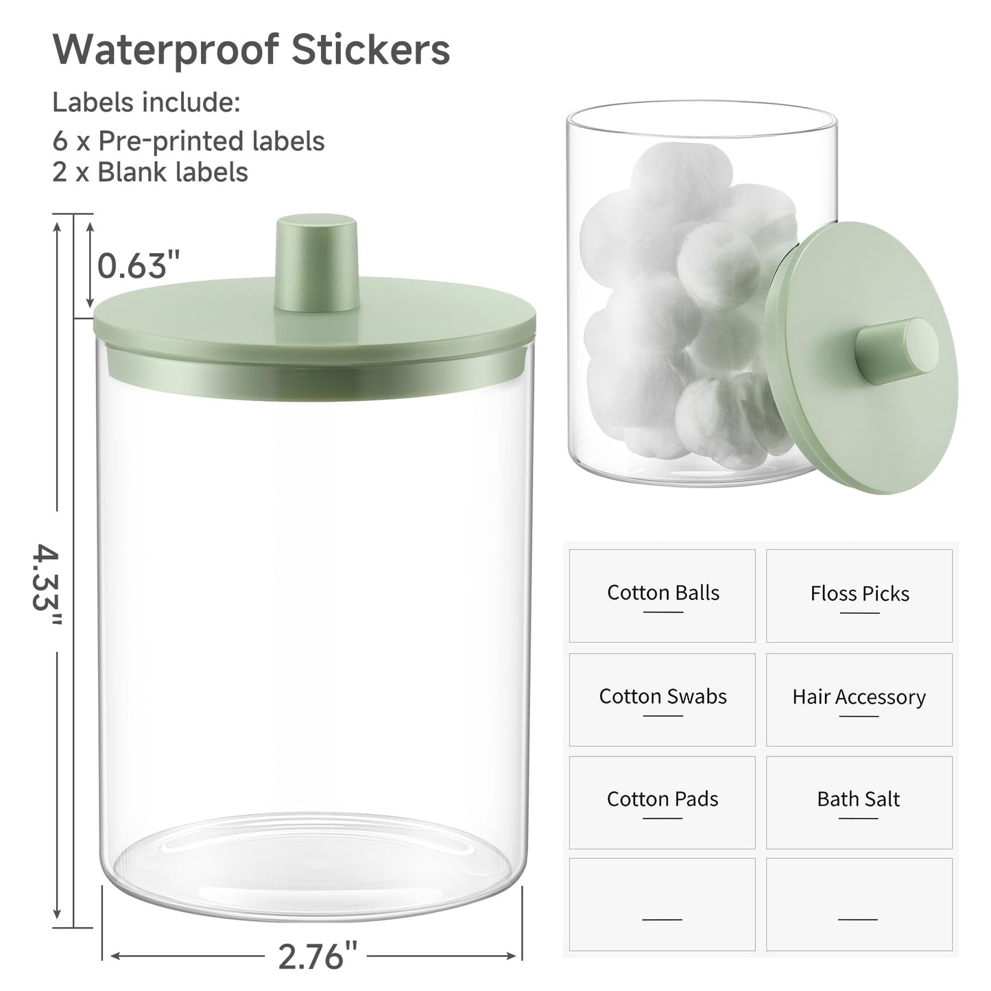 3 Pack Glass Qtip Holder Dispenser- 10 oz Clear Canister Apothecary Jar, Bathroom Vanity Storage Organizer Set for Cotton Swabs, Pads, Floss Picks, Small Containers for Makeup Storage (Green)